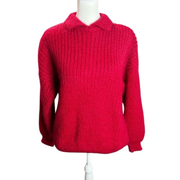 Vintage Handloomed Ireland Mohair Wool Sweater Red Chunky Knit Collared Pullover - Picture 2 of 6
